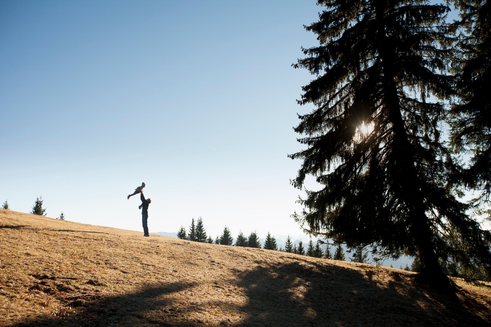 Silhouette of man holding up toddler daughter on hill, Tegernsee, Bavaria, Germany
